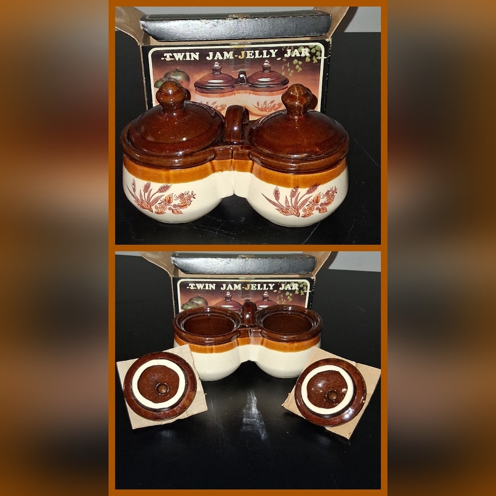 Vintage Twin Jam Jelly Jar Set - Brown and Cream